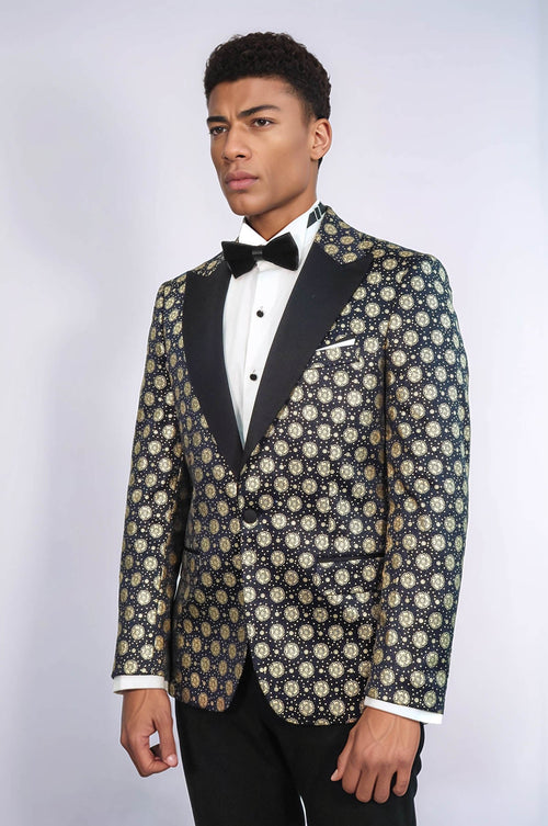 Floral Patterned Peak Lapel Navy Blue Men Prom Blazer - Wessi