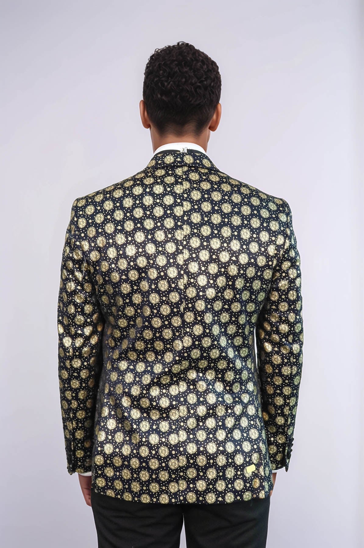Floral Patterned Peak Lapel Navy Blue Men Prom Blazer - Wessi