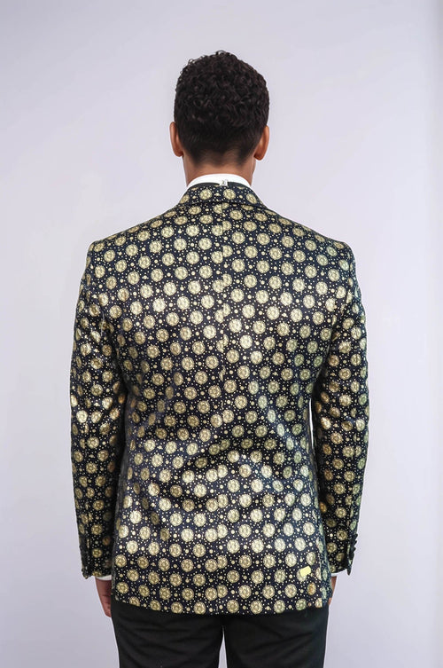 Floral Patterned Peak Lapel Navy Blue Men Prom Blazer - Wessi