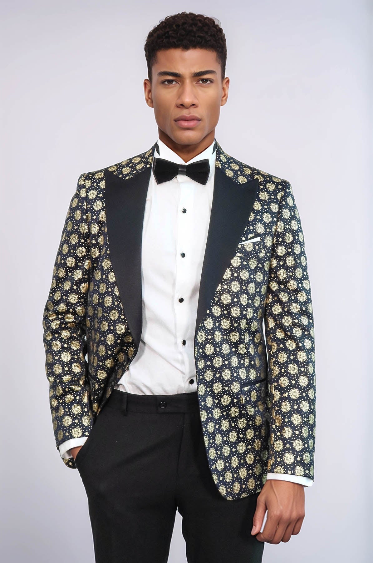 Floral Patterned Peak Lapel Navy Blue Men Prom Blazer - Wessi