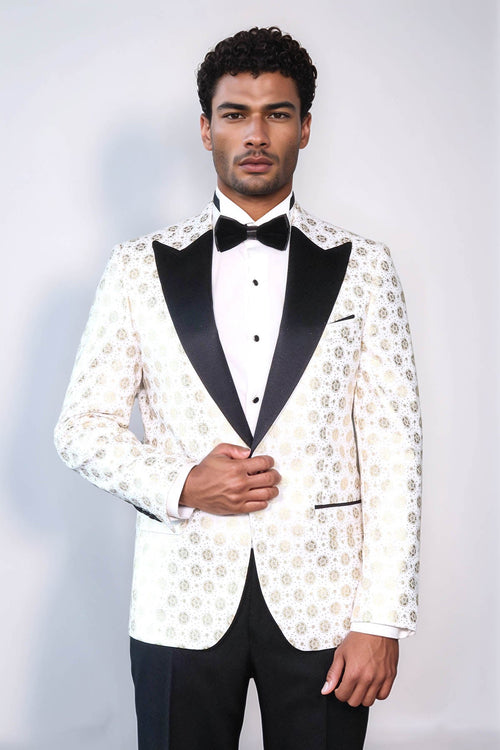 Floral Patterned Peak Lapel White Men Prom Blazer - Wessi