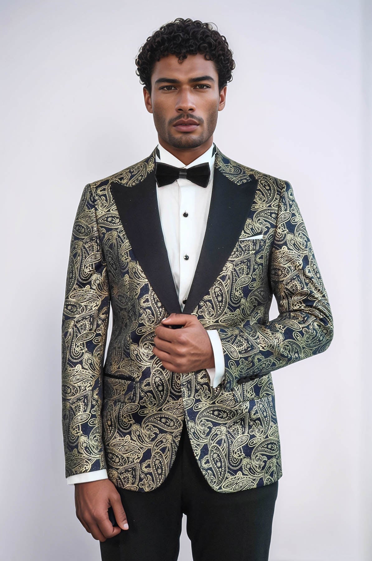 Paisley Peak Lapel Navy Blue Men Prom Blazer - Wessi