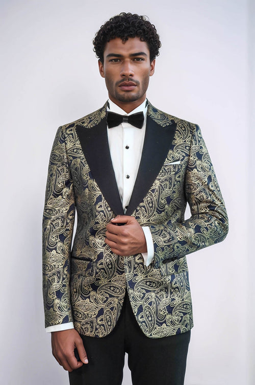 Paisley Peak Lapel Navy Blue Men Prom Blazer - Wessi