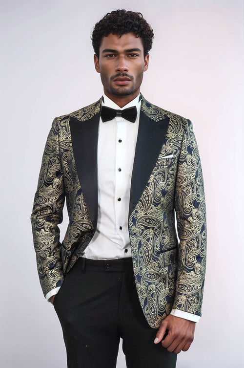 Paisley Peak Lapel Navy Blue Men Prom Blazer - Wessi
