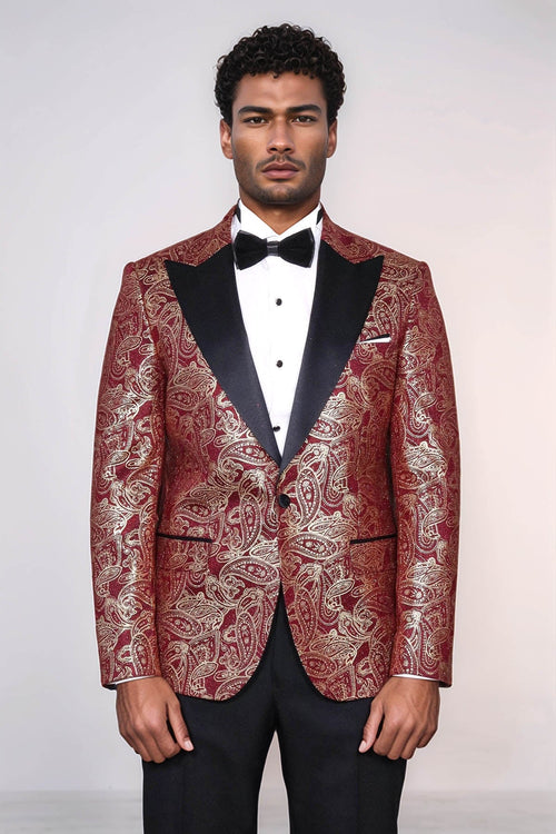 Paisley Peak Lapel Burgundy Men Prom Blazer - Wessi