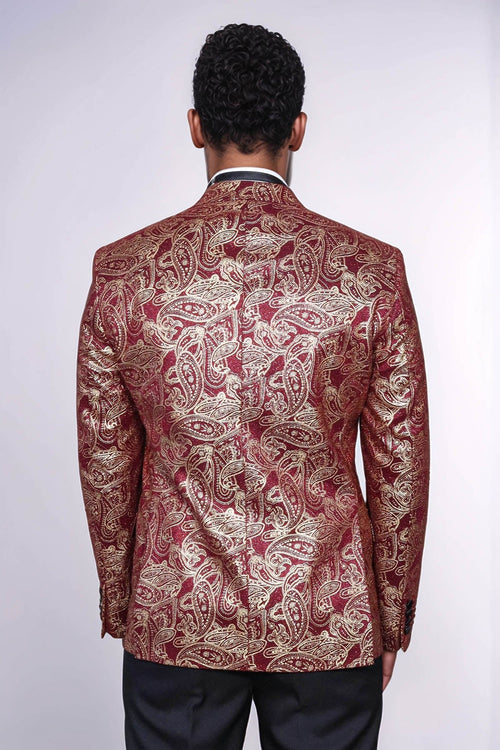 Paisley Peak Lapel Burgundy Men Prom Blazer - Wessi