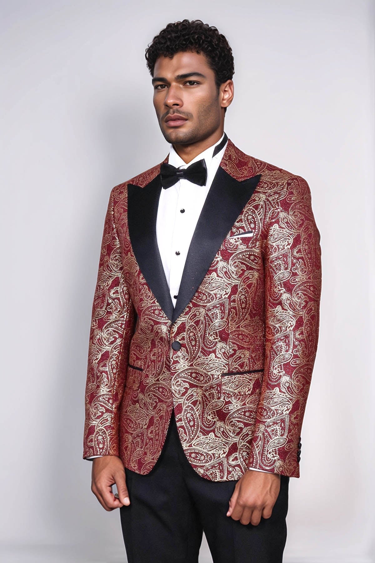 Paisley Peak Lapel Burgundy Men Prom Blazer - Wessi