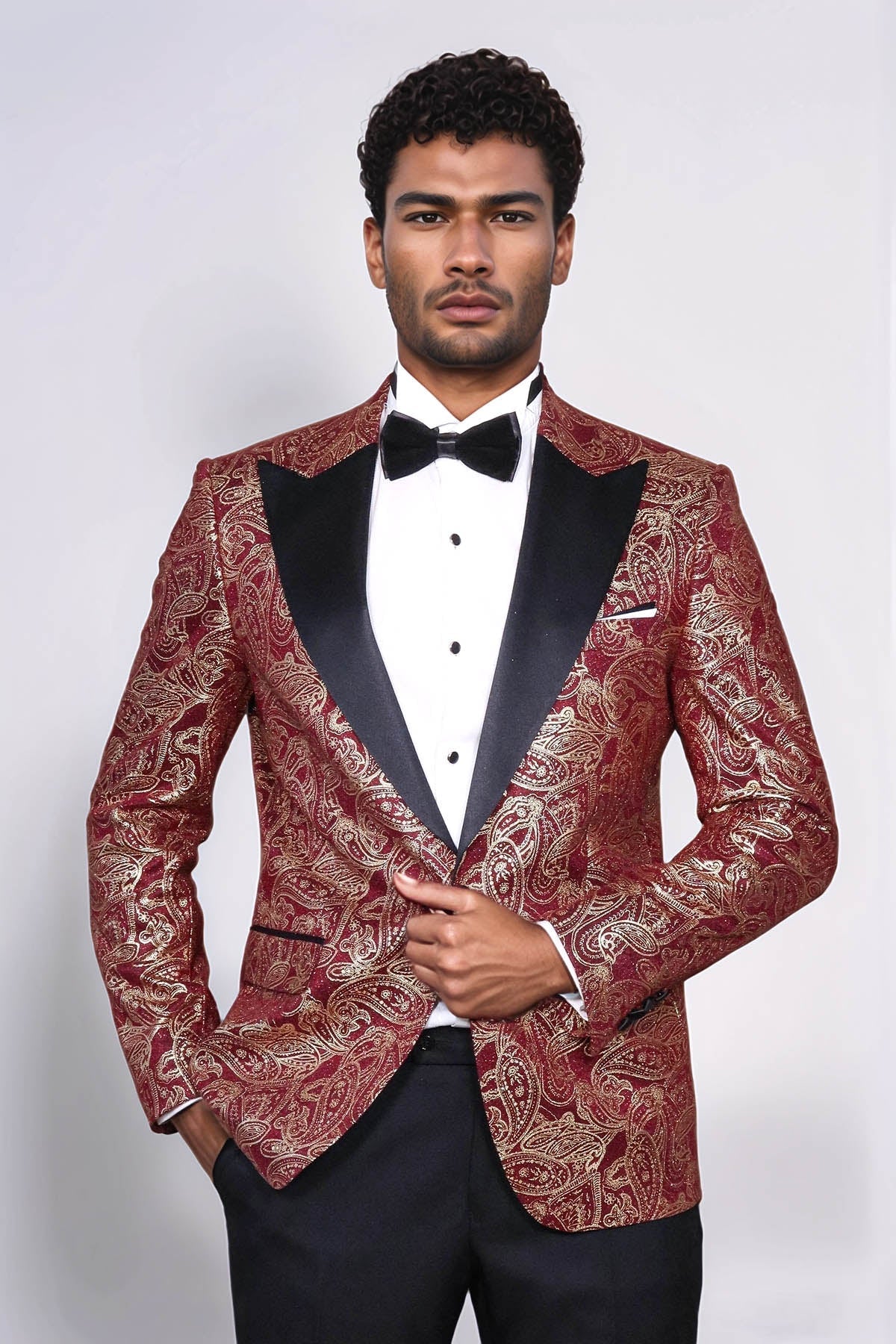 Paisley Peak Lapel Burgundy Men Prom Blazer - Wessi