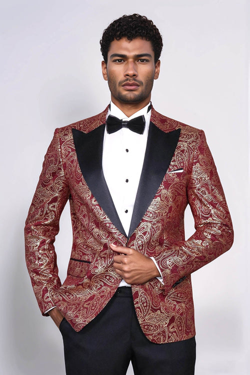 Paisley Peak Lapel Burgundy Men Prom Blazer - Wessi