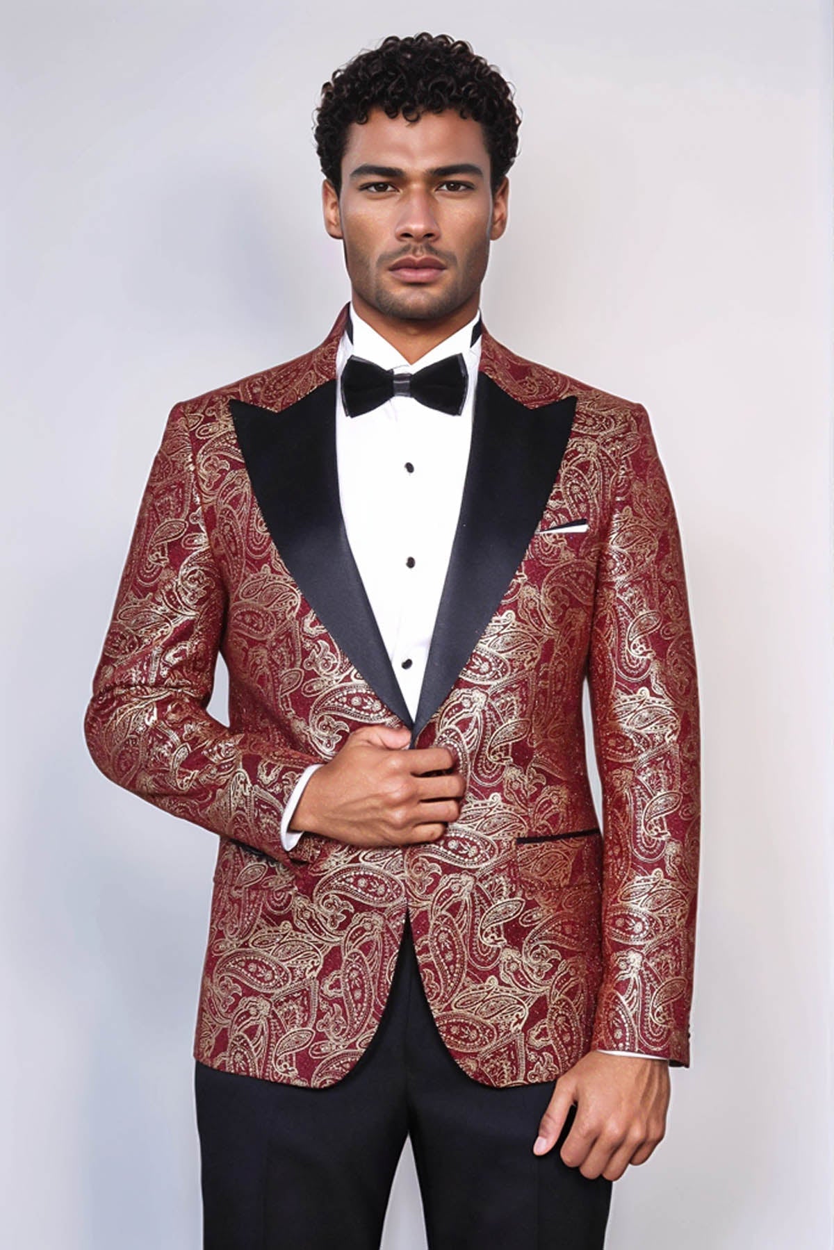 Paisley Peak Lapel Burgundy Men Prom Blazer - Wessi