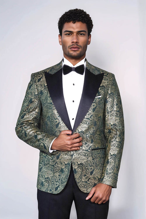 Paisley Peak Lapel Green Men Prom Blazer - Wessi