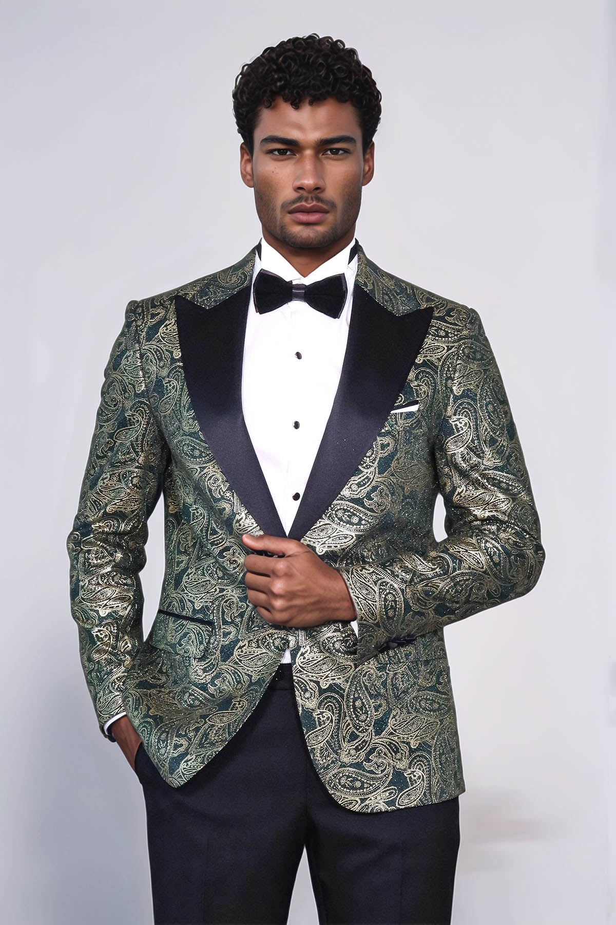Paisley Peak Lapel Green Men Prom Blazer - Wessi