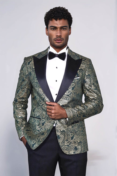 Paisley Peak Lapel Green Men Prom Blazer - Wessi