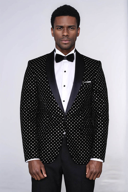 Dot Patterned Slim Fit Black Men Prom Blazer - Wessi