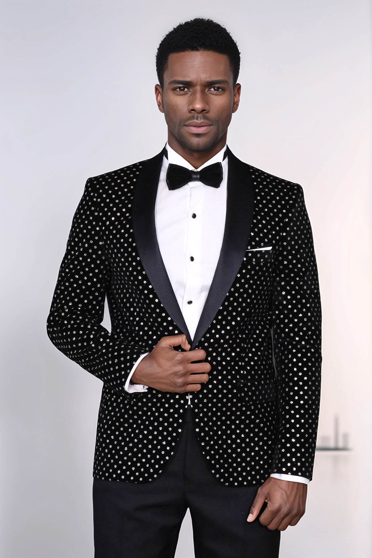 Dot Patterned Slim Fit Black Men Prom Blazer - Wessi