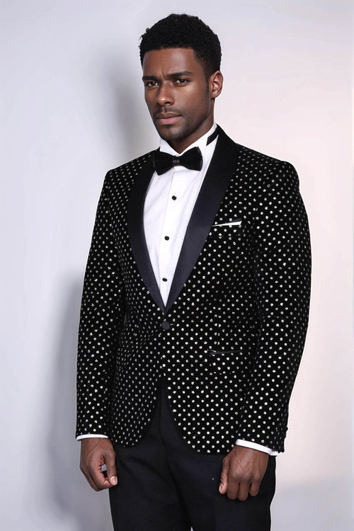 Dot Patterned Slim Fit Black Men Prom Blazer - Wessi