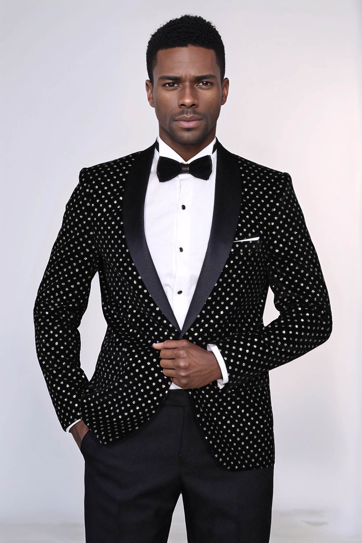 Dot Patterned Slim Fit Black Men Prom Blazer - Wessi