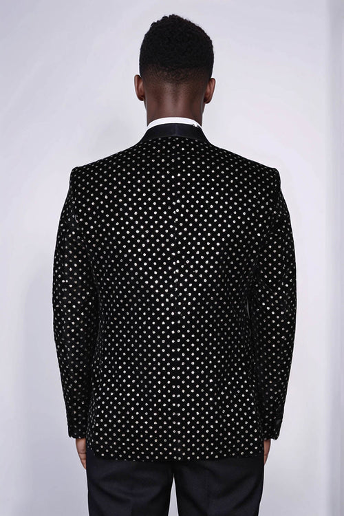 Dot Patterned Slim Fit Black Men Prom Blazer - Wessi