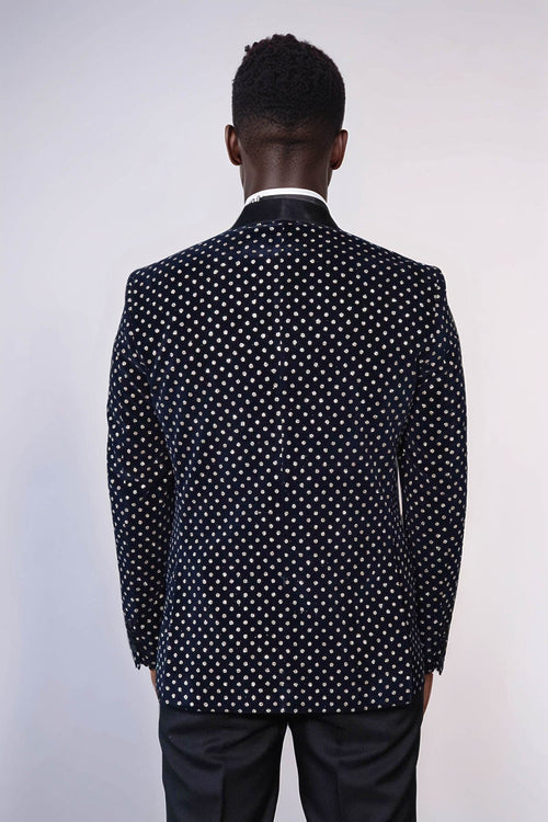 Dot Patterned Slim Fit Navy Blue Men Prom Blazer - Wessi