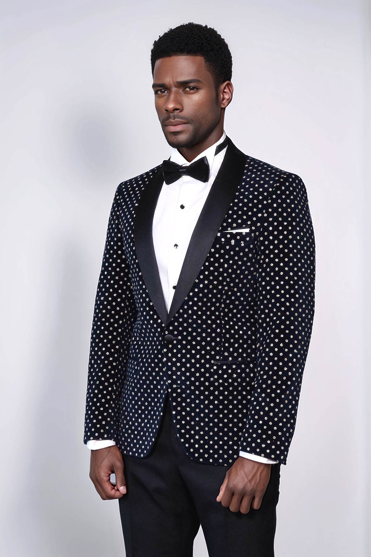 Dot Patterned Slim Fit Navy Blue Men Prom Blazer - Wessi