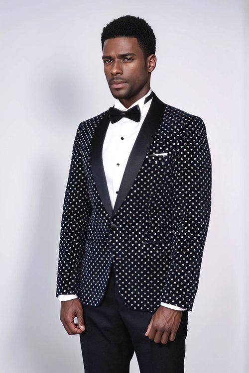 Dot Patterned Slim Fit Navy Blue Men Prom Blazer - Wessi