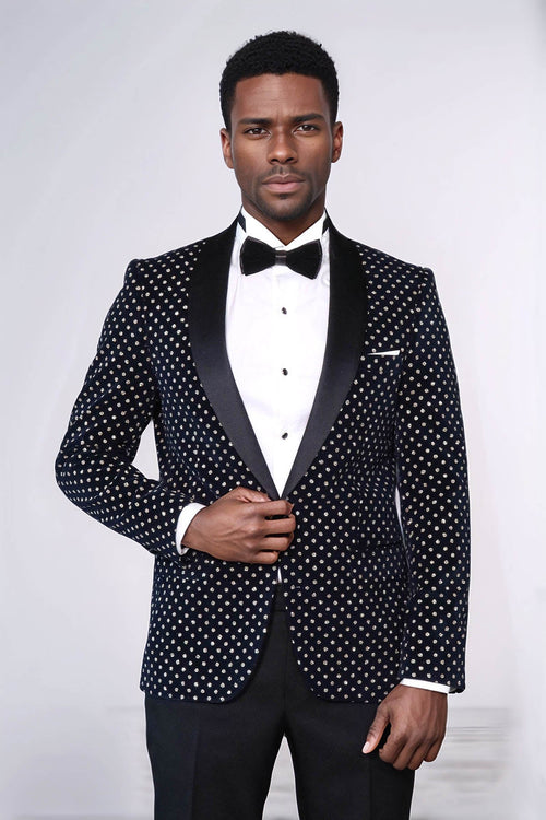 Dot Patterned Slim Fit Navy Blue Men Prom Blazer - Wessi