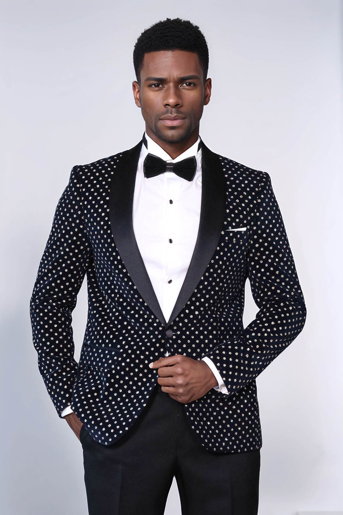 Dot Patterned Slim Fit Navy Blue Men Prom Blazer - Wessi