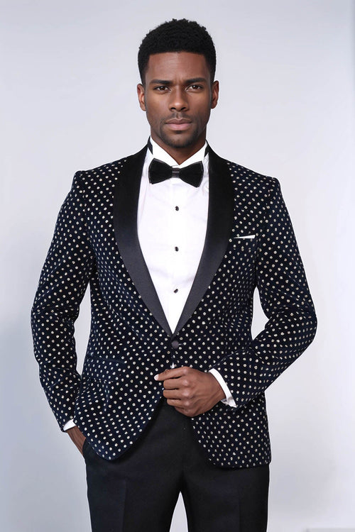 Dot Patterned Slim Fit Navy Blue Men Prom Blazer - Wessi