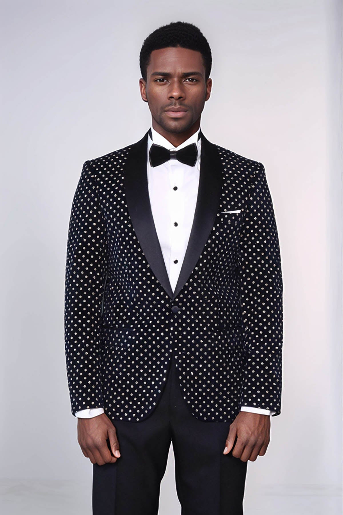 Dot Patterned Slim Fit Navy Blue Men Prom Blazer - Wessi