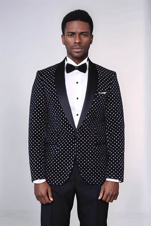 Dot Patterned Slim Fit Navy Blue Men Prom Blazer - Wessi