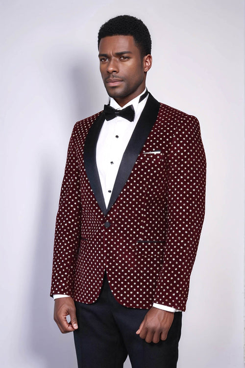 Dot Patterned Slim Fit Burgundy Men Prom Blazer - Wessi