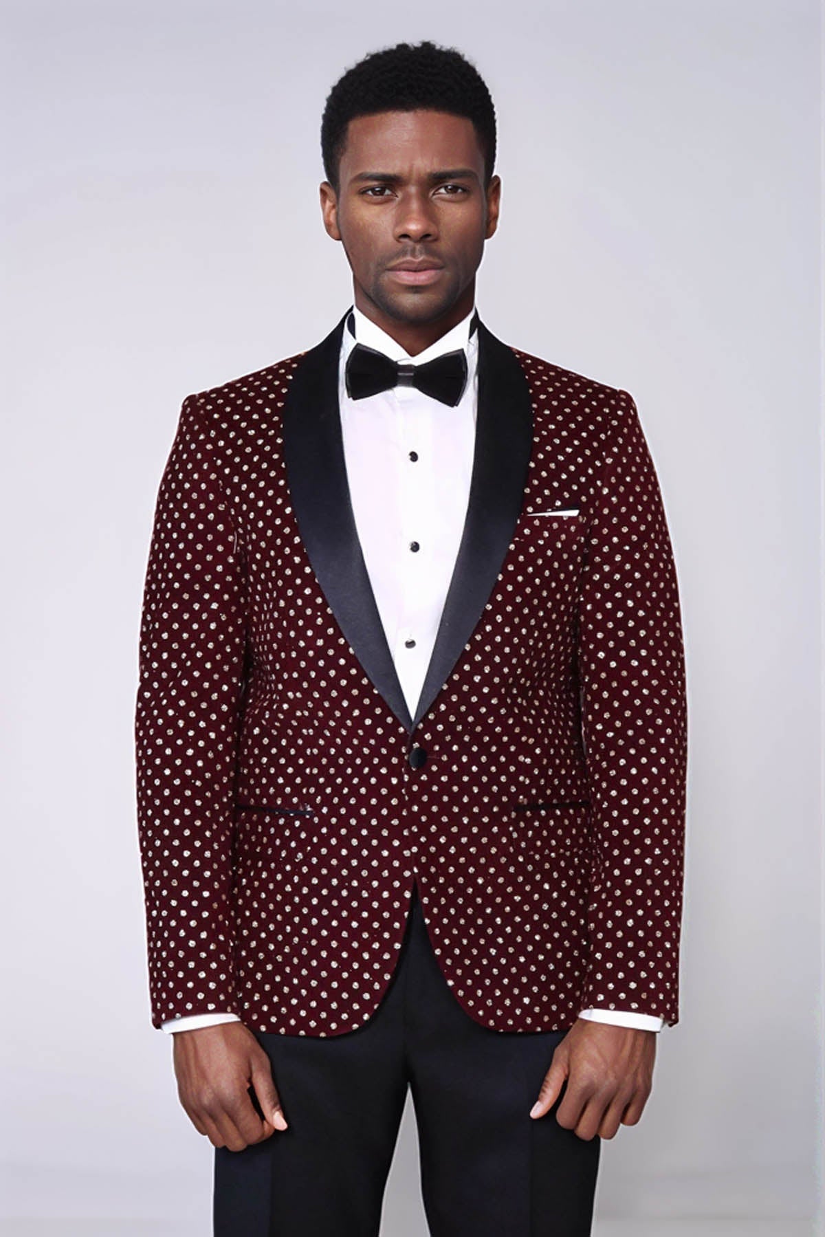Dot Patterned Slim Fit Burgundy Men Prom Blazer - Wessi