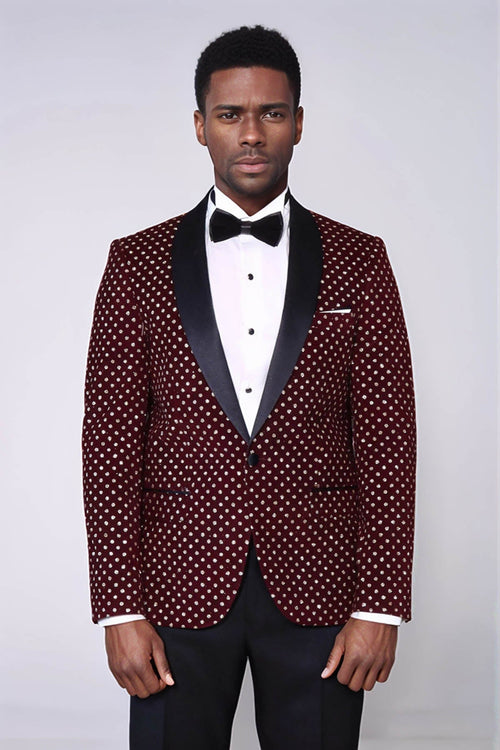 Dot Patterned Slim Fit Burgundy Men Prom Blazer - Wessi