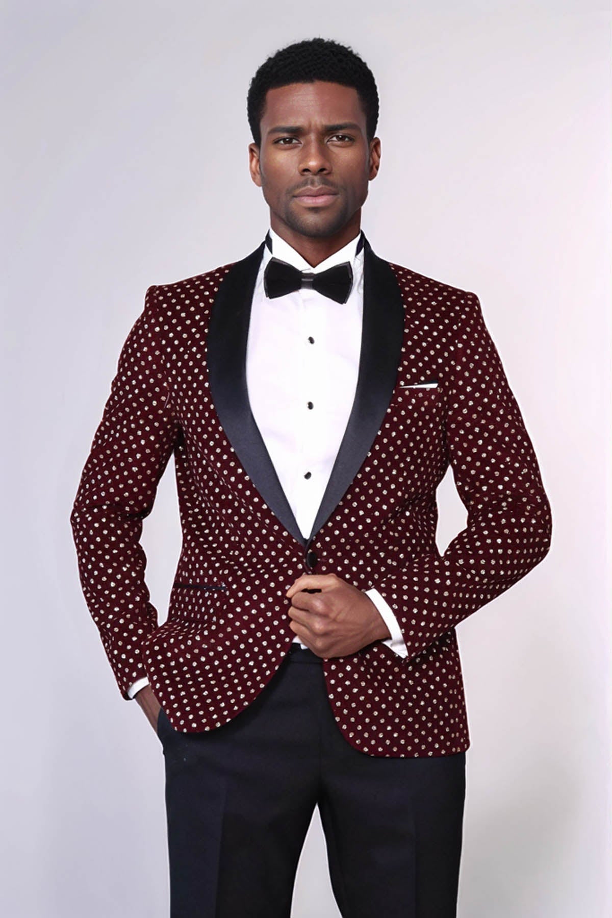 Dot Patterned Slim Fit Burgundy Men Prom Blazer - Wessi