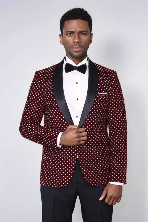 Dot Patterned Slim Fit Burgundy Men Prom Blazer - Wessi