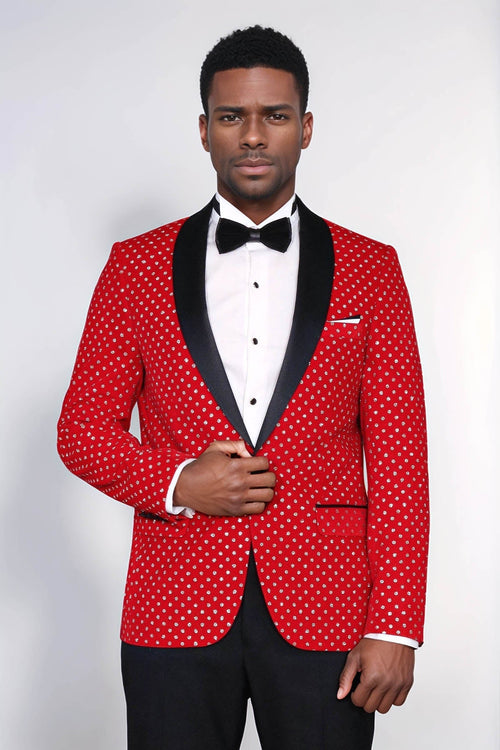Dot Patterned Slim Fit Red Men Prom Blazer - Wessi