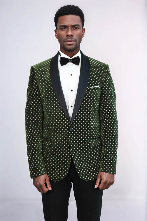 Dot Pattern Slim Fit Dark Green Men Prom Blazer - Wessi