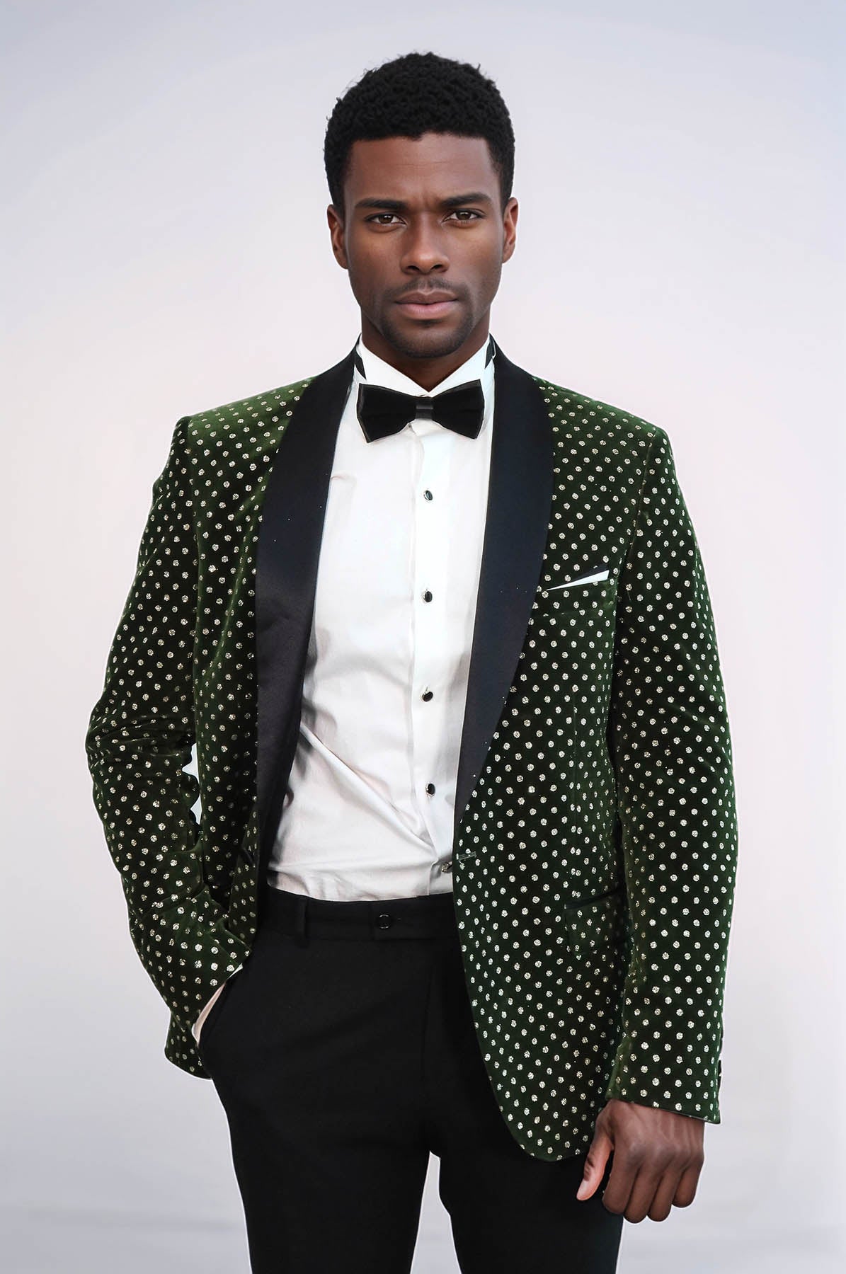 Dot Pattern Slim Fit Dark Green Men Prom Blazer - Wessi