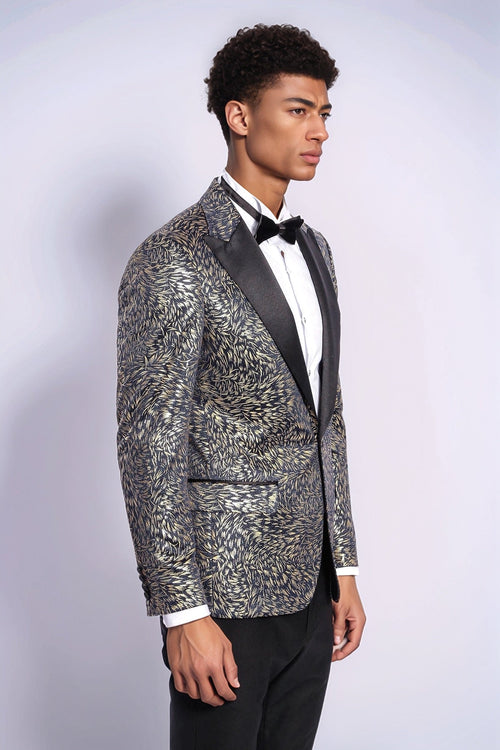 Feather Patterned Slim Fit Navy Blue Men Prom Blazer - Wessi