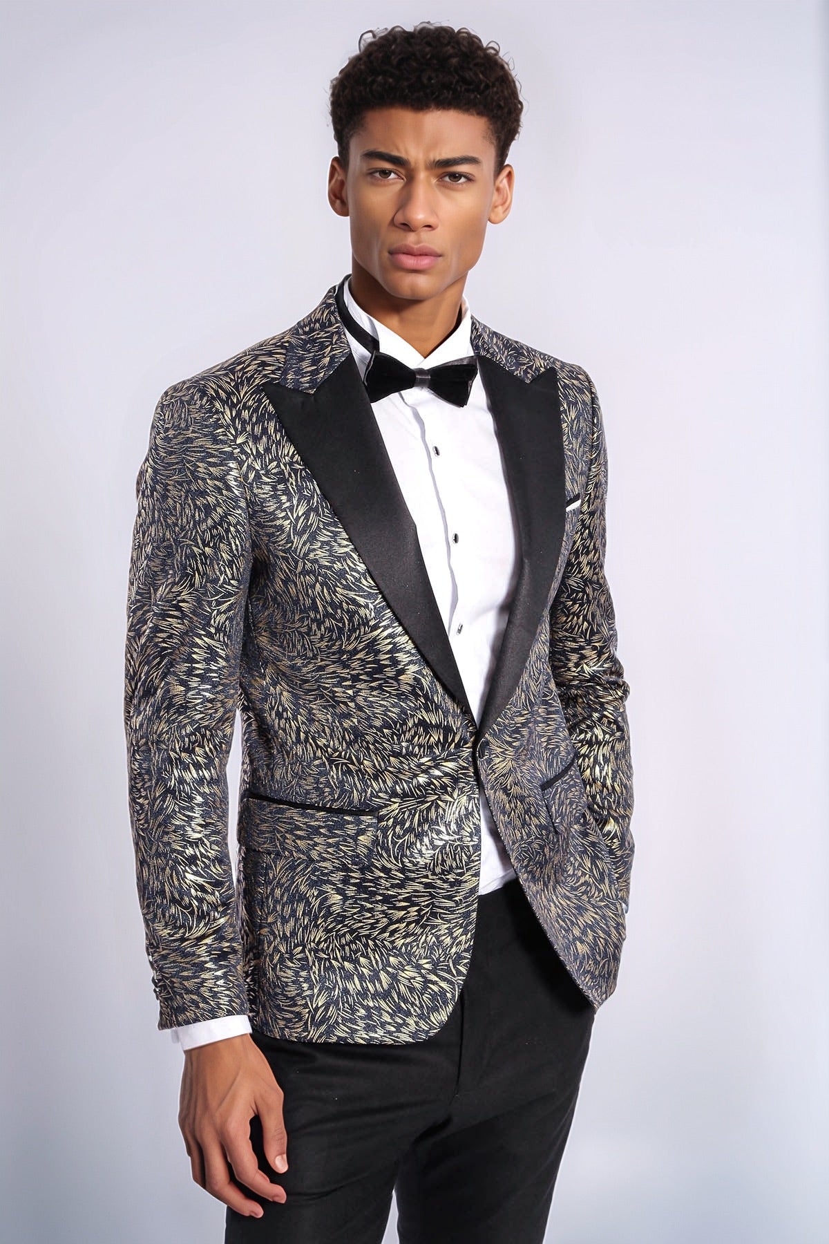 Feather Patterned Slim Fit Navy Blue Men Prom Blazer - Wessi