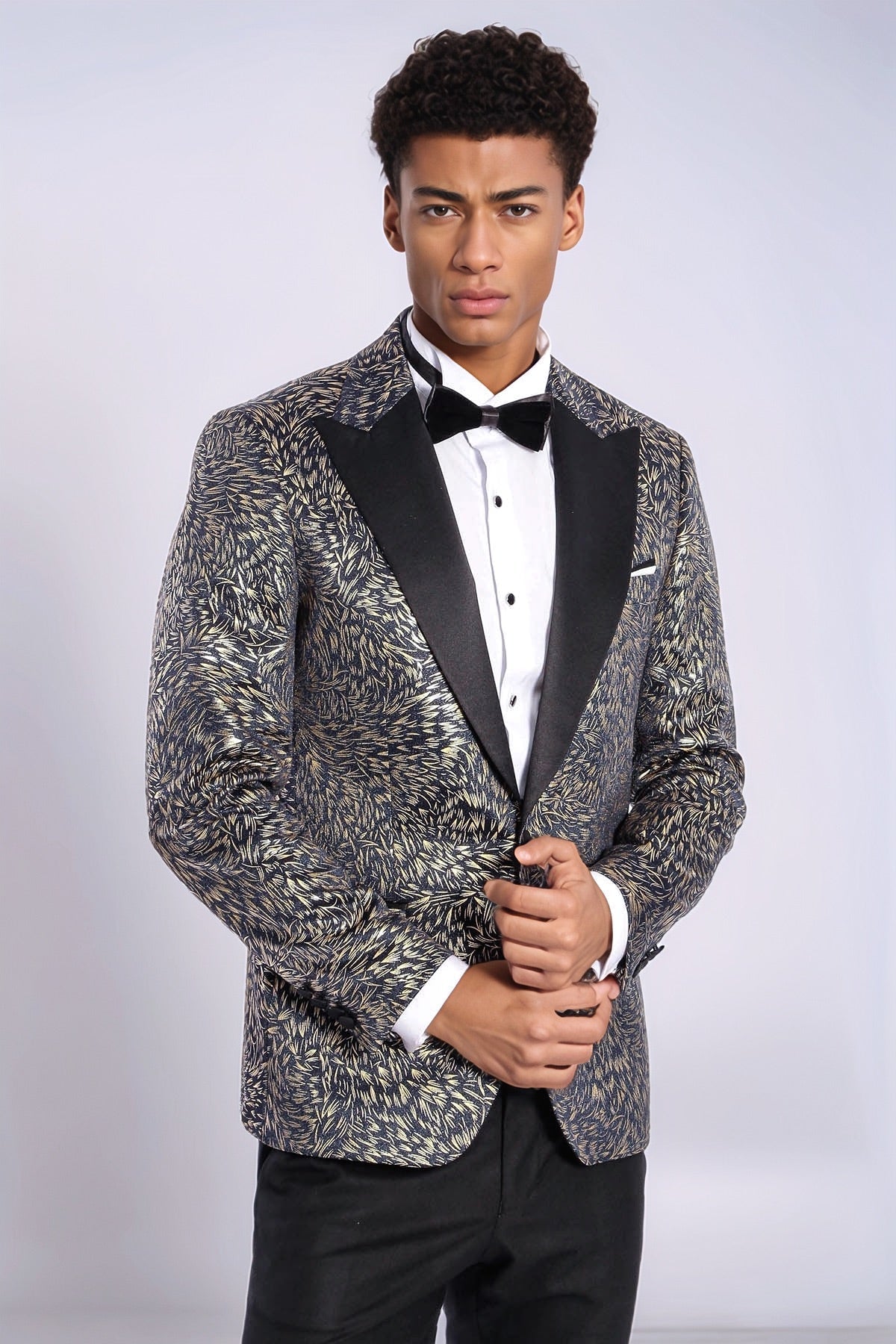 Feather Patterned Slim Fit Navy Blue Men Prom Blazer - Wessi
