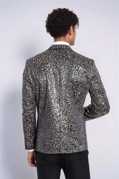 Feather Patterned Slim Fit Navy Blue Men Prom Blazer - Wessi