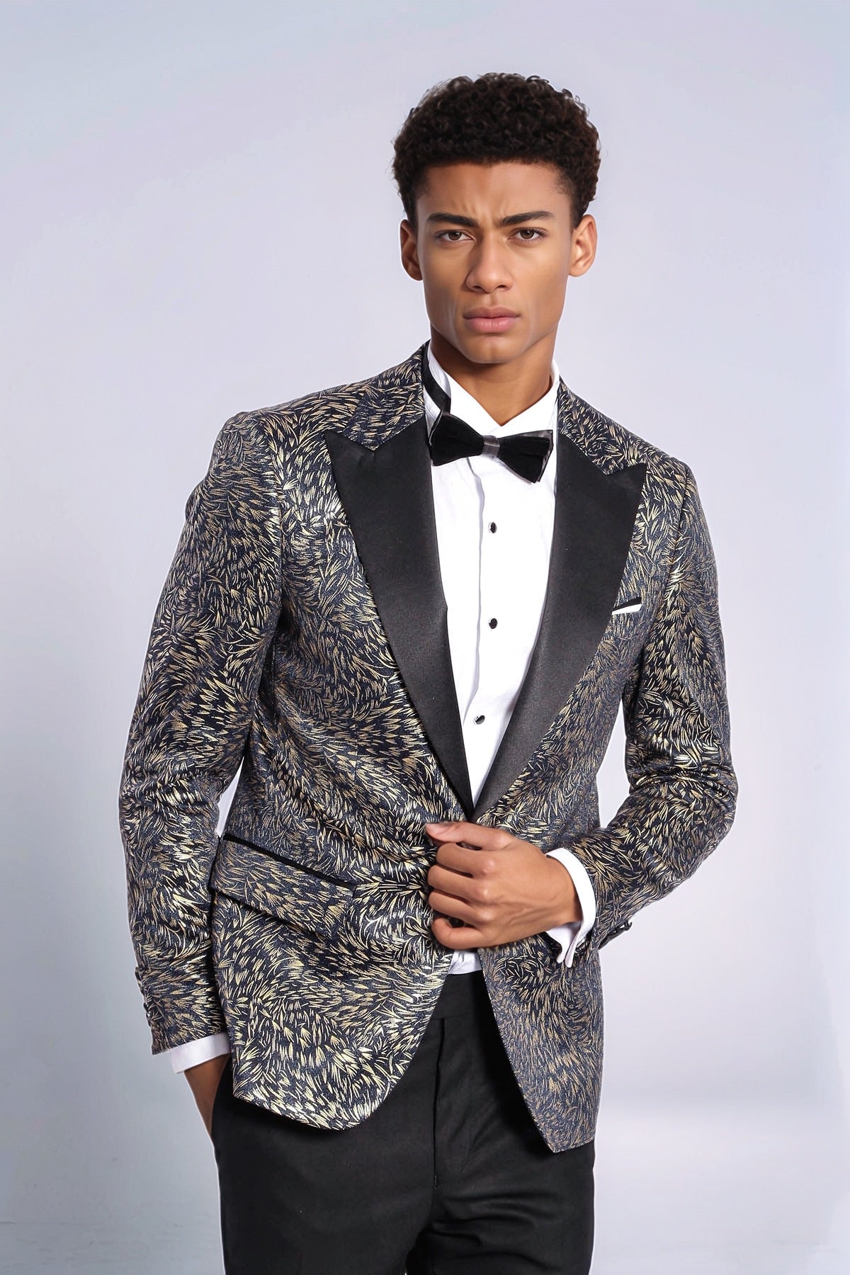 Feather Patterned Slim Fit Navy Blue Men Prom Blazer - Wessi