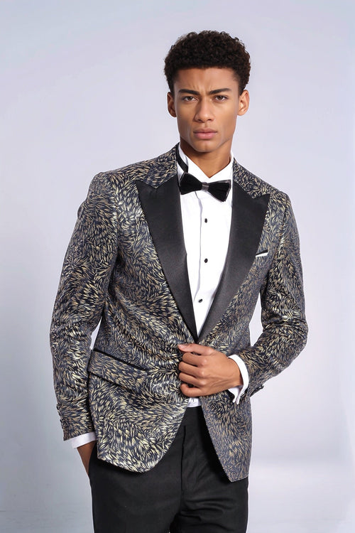 Feather Patterned Slim Fit Navy Blue Men Prom Blazer - Wessi