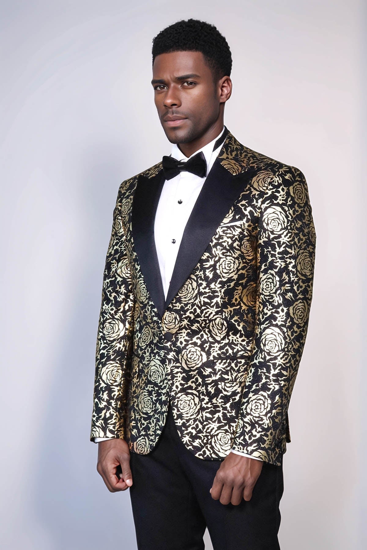 Gold Rose Patterned Slim Fit Black Men Prom Blazer - Wessi