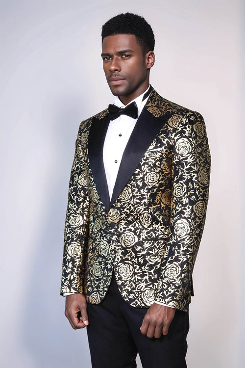 Gold Rose Patterned Slim Fit Black Men Prom Blazer - Wessi