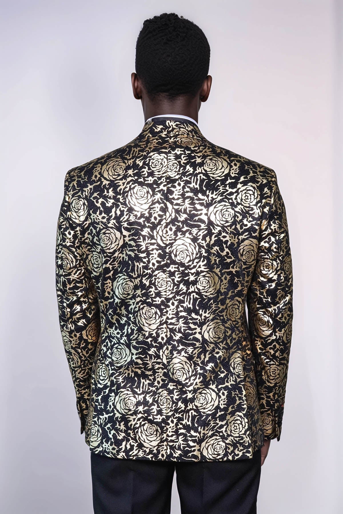 Gold Rose Patterned Slim Fit Black Men Prom Blazer - Wessi