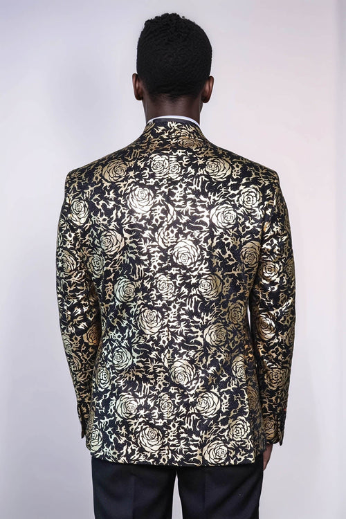 Gold Rose Patterned Slim Fit Black Men Prom Blazer - Wessi