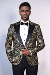 Gold Rose Patterned Slim Fit Black Men Prom Blazer - Wessi