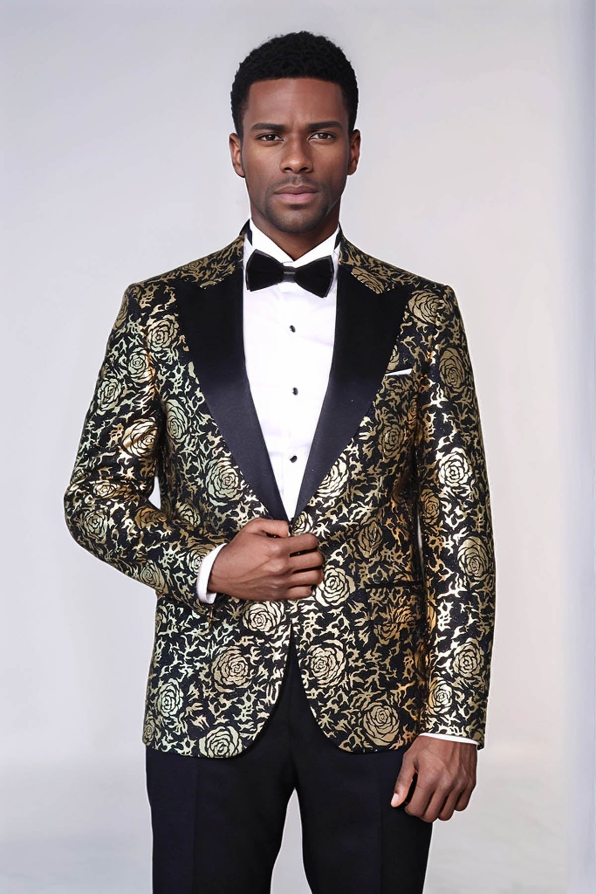 Gold Rose Patterned Slim Fit Black Men Prom Blazer - Wessi